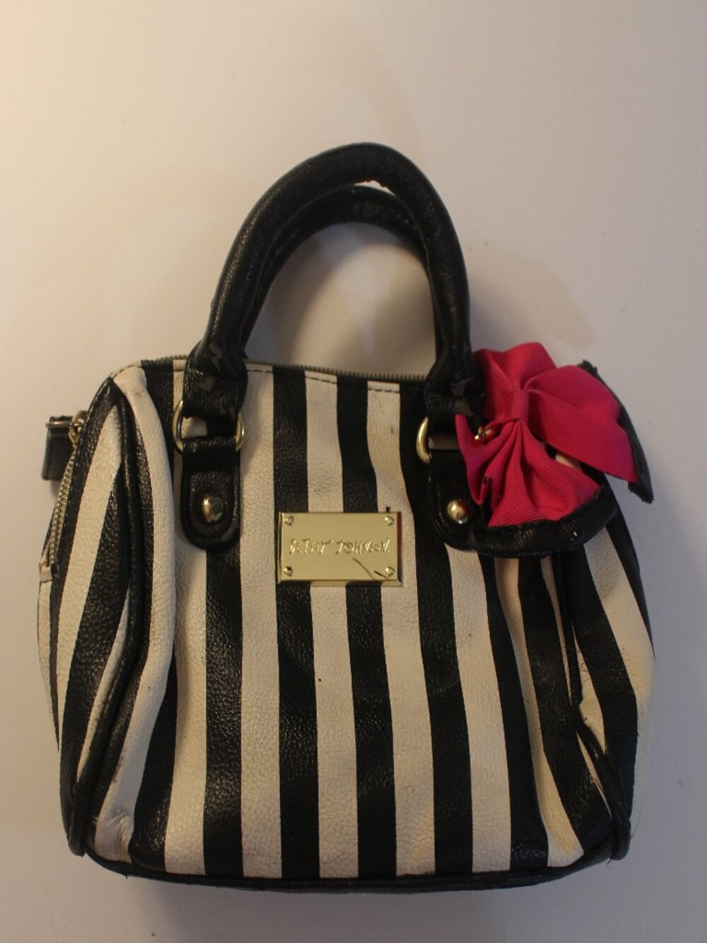 Betsey Johnson Striped Satchel with Hot Pink Bow